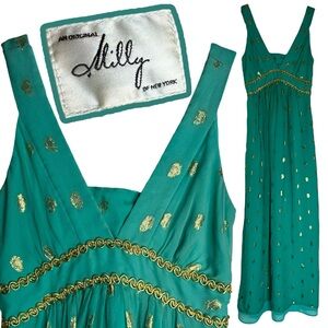 Milly of New York Teal Gold Embroidery Silk Chiffon Gown